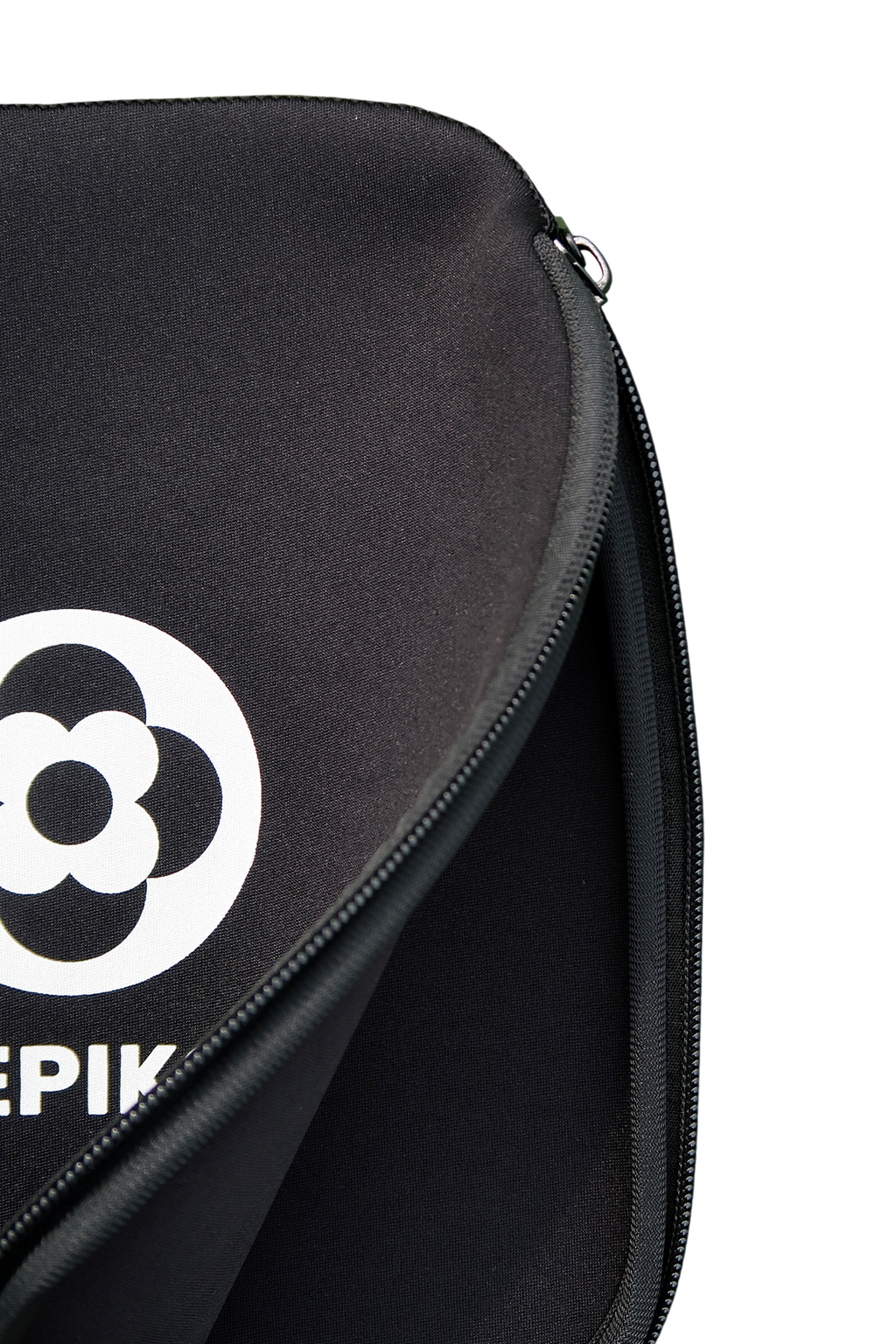 Close-up of a black zippered paddle cover with a white circular logo and partial white text on the left side, shown against a plain white background.