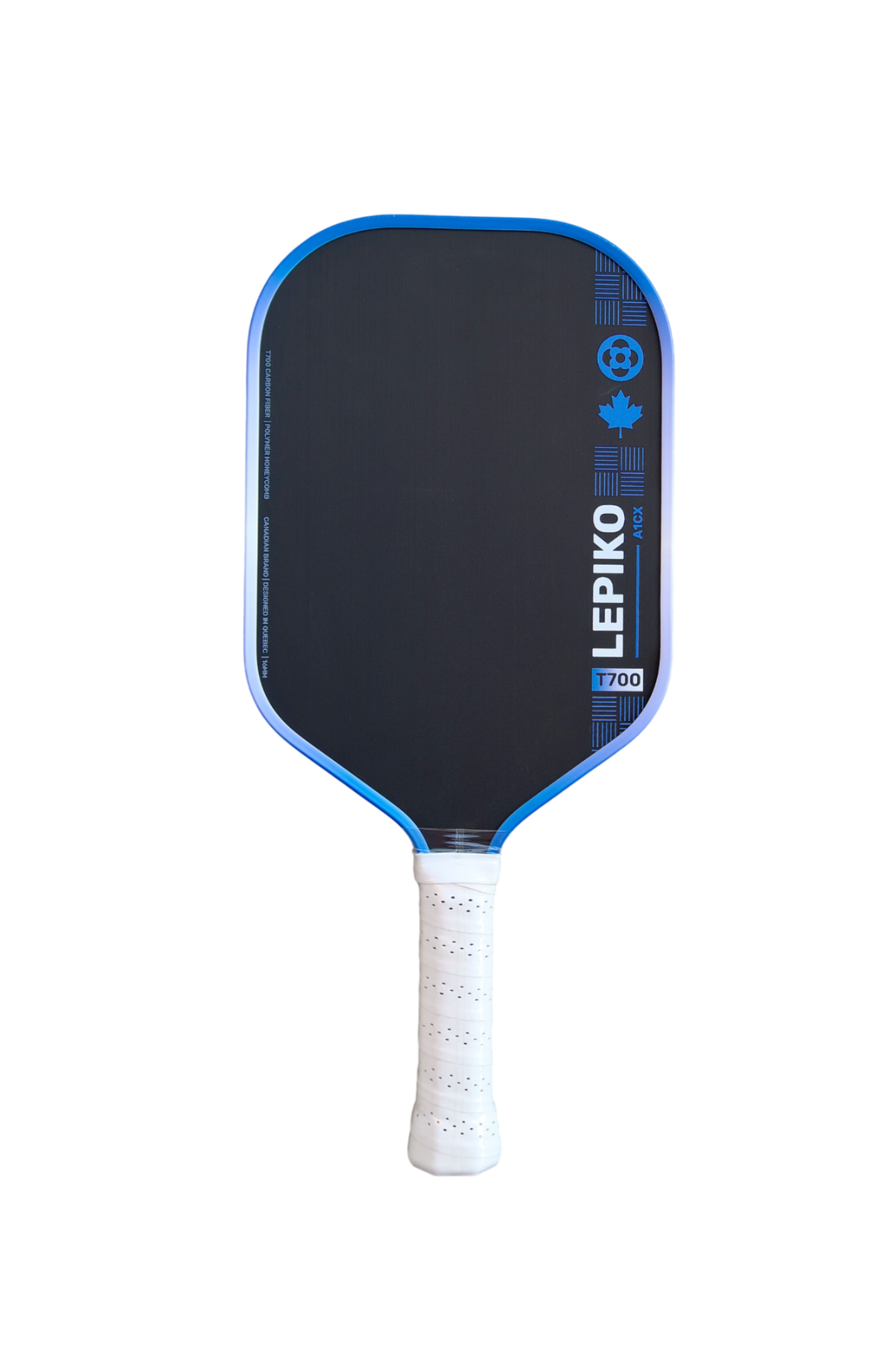 A pickleball paddle with a black paddle face, blue trim, a white wrapped handle, and blue branding details on a plain white background.