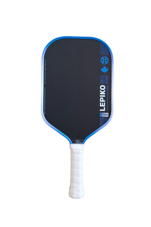 A pickleball paddle with a black paddle face, blue trim, a white wrapped handle, and blue branding details on a plain white background.