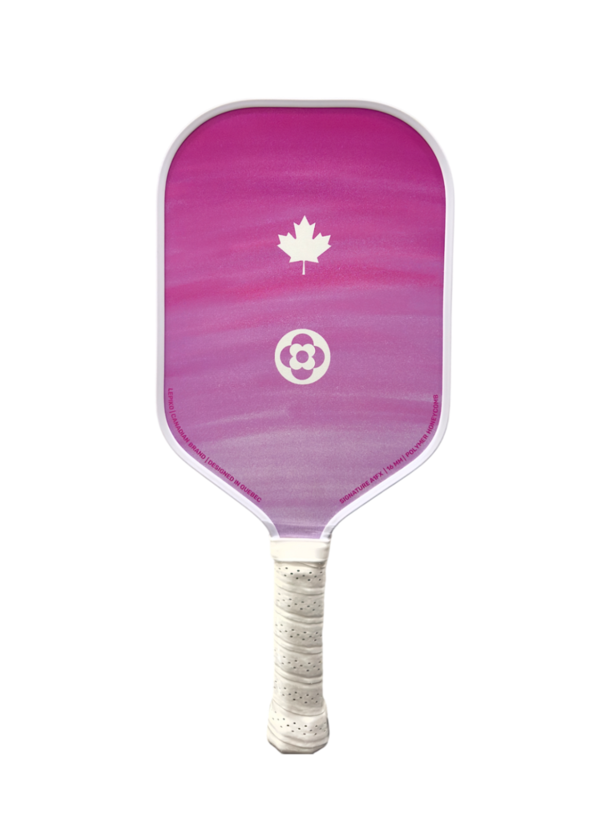 A pickleball paddle featuring a pink and purple gradient face with a white maple leaf and soccer ball logo, and a white wrapped handle, isolated on a white background.